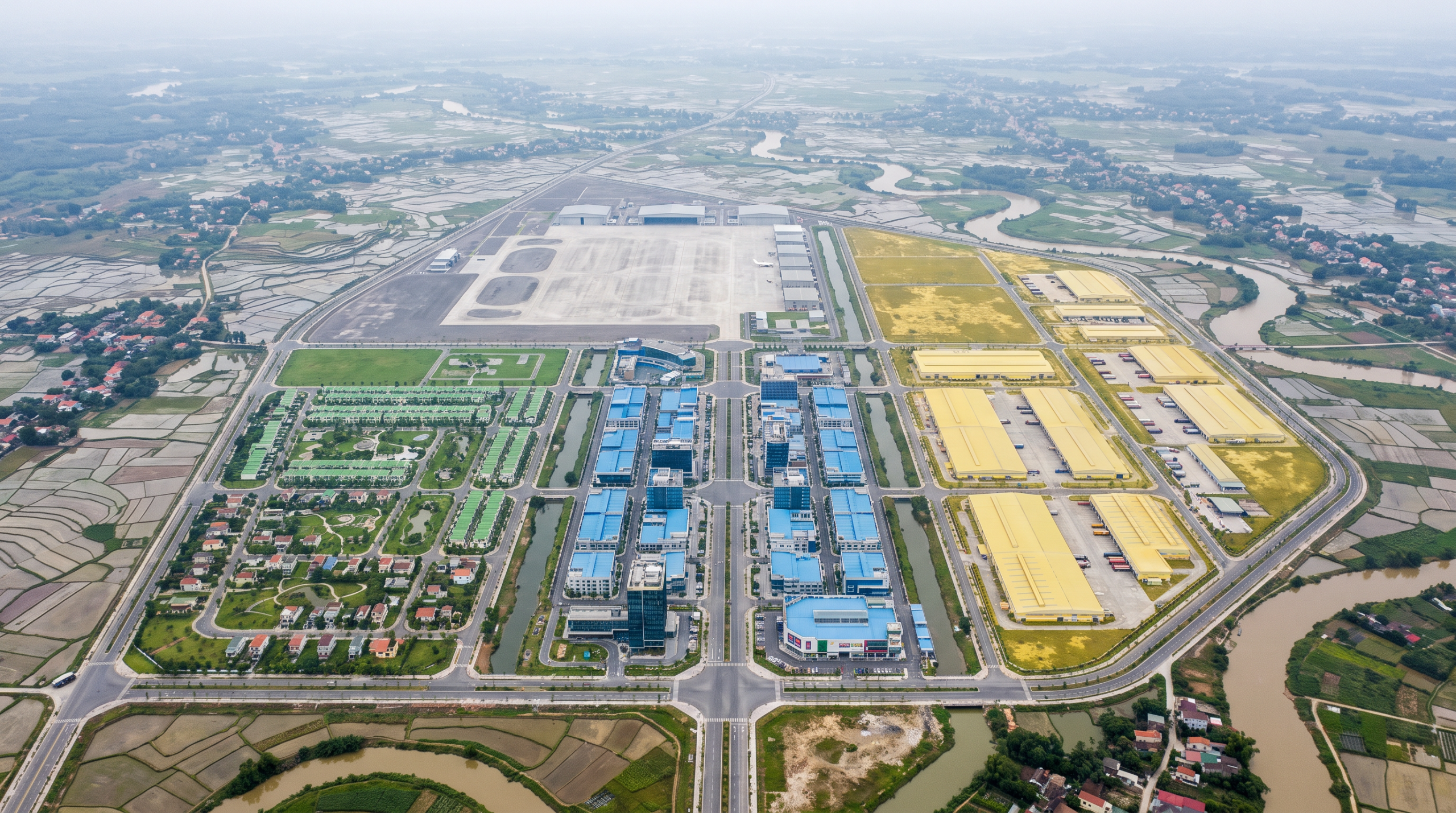 Quy hoạch đô thị với các khu chức năng màu sắc khác nhau bao quanh khu vực sân bay Việt Nam