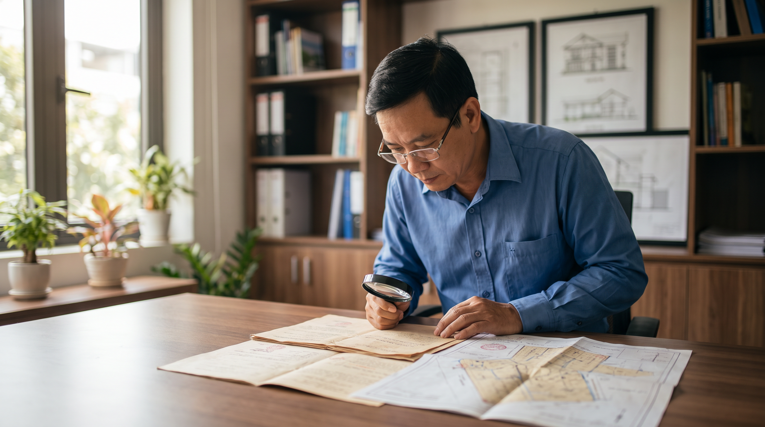 Người tư vấn bất động sản người Việt đang xem xét hồ sơ giấy tờ đất tại văn phòng