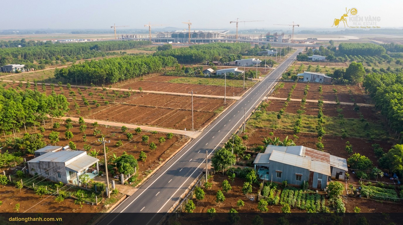Ảnh chụp từ trên cao các lô đất Đồng Nai, xa xa là công trình sân bay Long Thành