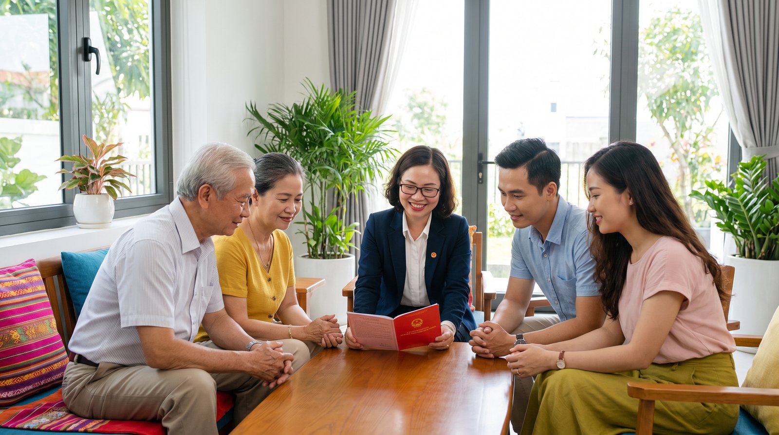 Gia đình nhiều thế hệ ở Long Thành xem giấy chứng nhận quyền sử dụng đất cùng công chứng viên