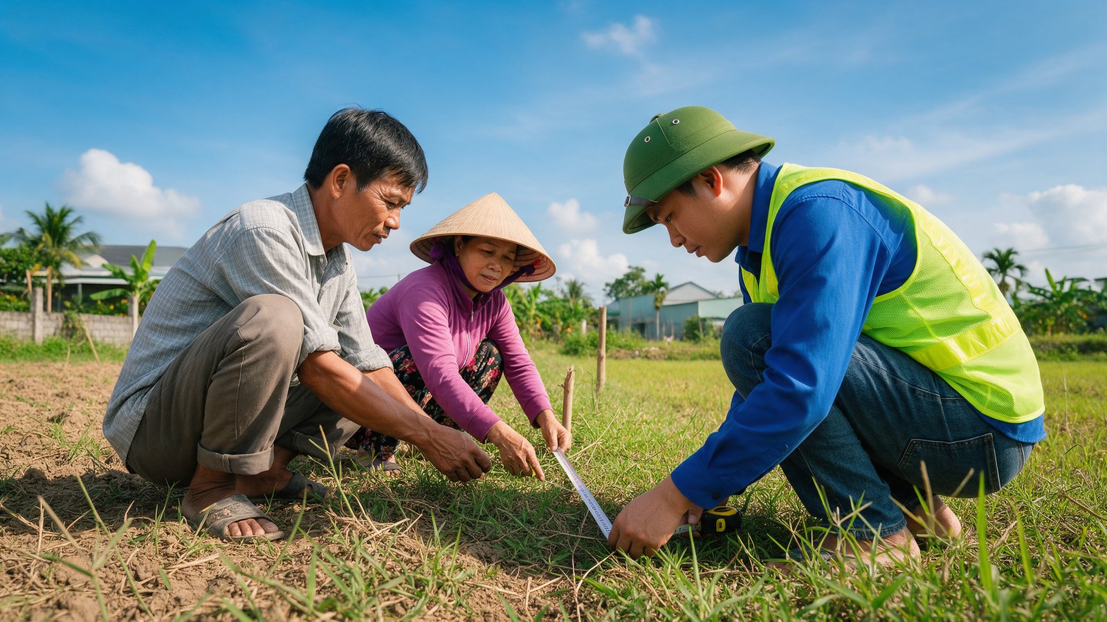 Hai hàng xóm và cán bộ đo đạc kiểm tra ranh giới bằng thước dây