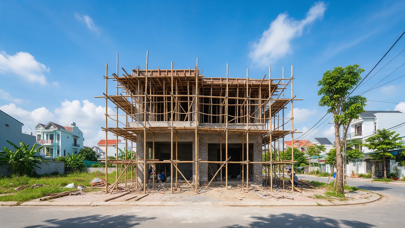 Căn nhà đang xây dở có giàn giáo tại khu dân cư Long Thành