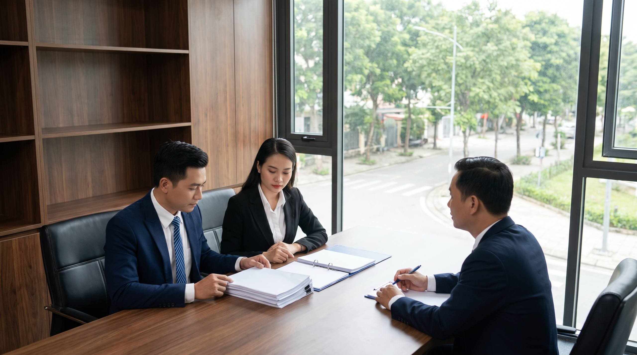 Đôi vợ chồng ký hợp đồng chuyển nhượng đất tại văn phòng công chứng Long Thành