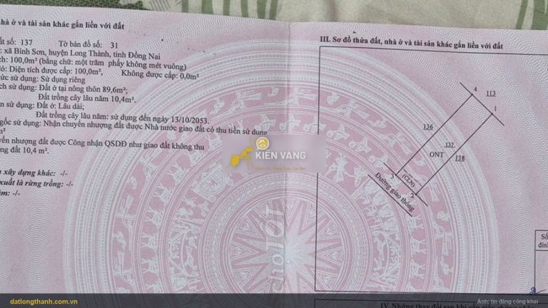 Sổ hồng thửa 137 tờ bản đồ 31 lô đất 100 m² xã Long Thành, trước là xã Bình Sơn