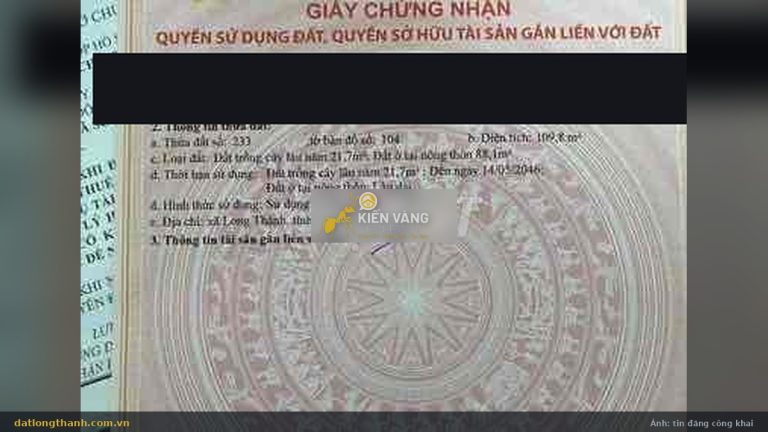 Đất 109,8 m² xã Long Thành (Lộc An cũ) — thổ cư 88,1 m², sổ hồng riêng gần ĐT769, 2,25 tỷ