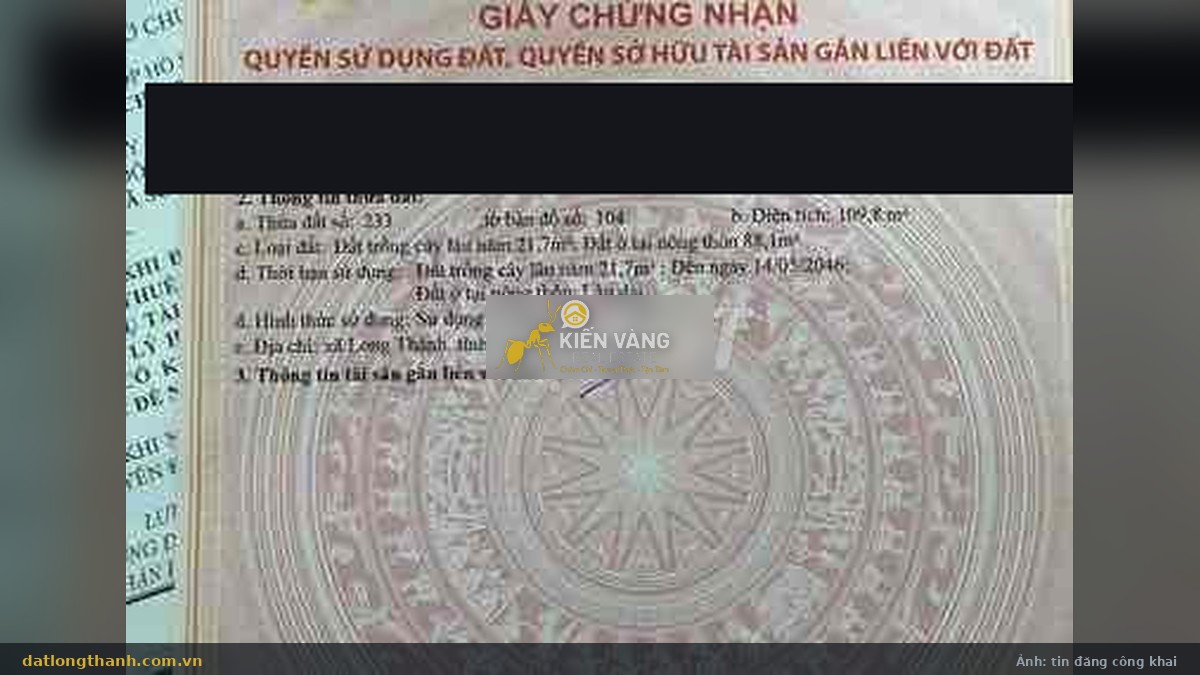 Giấy chứng nhận quyền sử dụng đất lô 109,8 m² xã Long Thành (Lộc An cũ): thửa 233, tờ 104, gồm 88,1 m² đất ở và 21,7 m² cây lâu năm