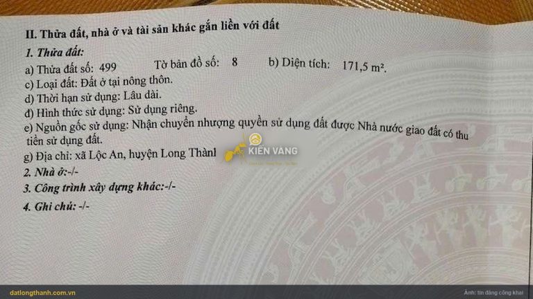 Sổ hồng thửa 499 tờ 8 lô đất 171,5 m² xã Long Thành, trước là xã Lộc An