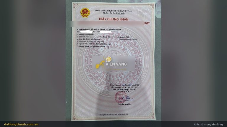 Giấy chứng nhận đất ở tại nông thôn 96,2 m² xã An Phước, thửa 573 tờ 40, lâu dài