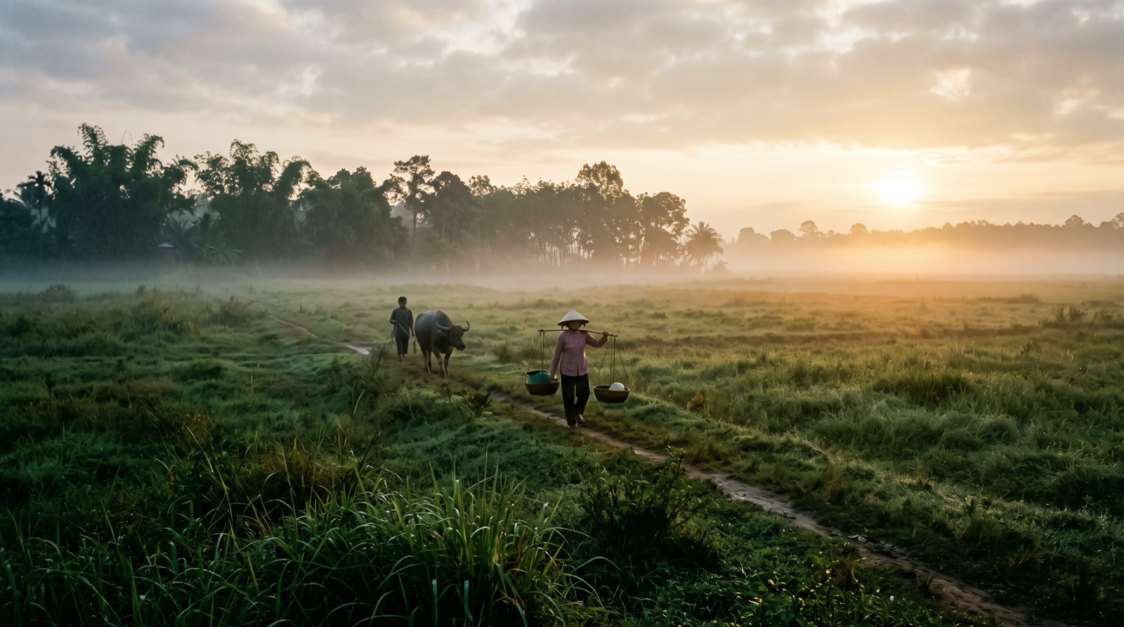 Bãi đất cỏ lúc rạng sáng trong sương, chưa xây dựng gì, yên tĩnh