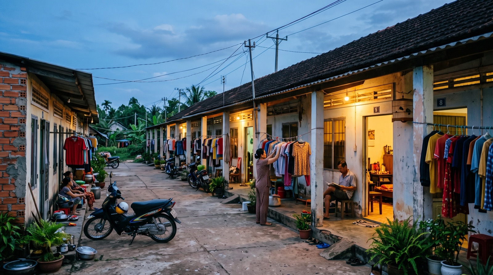 Dãy nhà trọ ở quê lúc chạng vạng, quần áo phơi, vài phòng đã lên đèn