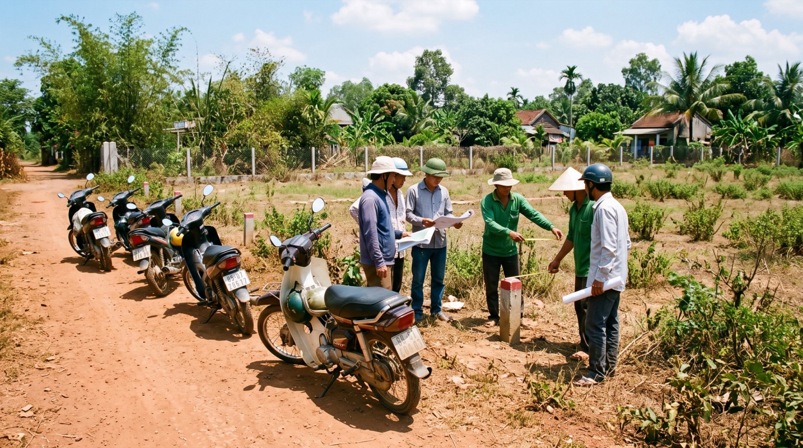 Xe máy đậu thành hàng bên lô đất, nhóm nhỏ đang xem ranh giới, trưa nắng