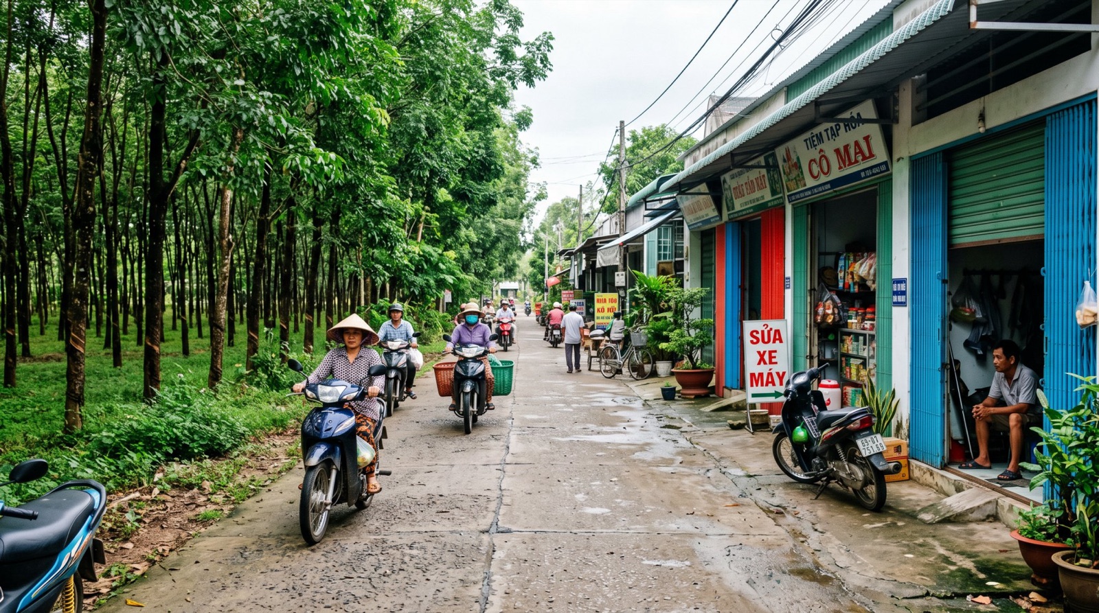 Đường bê tông giữa vườn cao su và dãy nhà kinh doanh có cửa cuốn