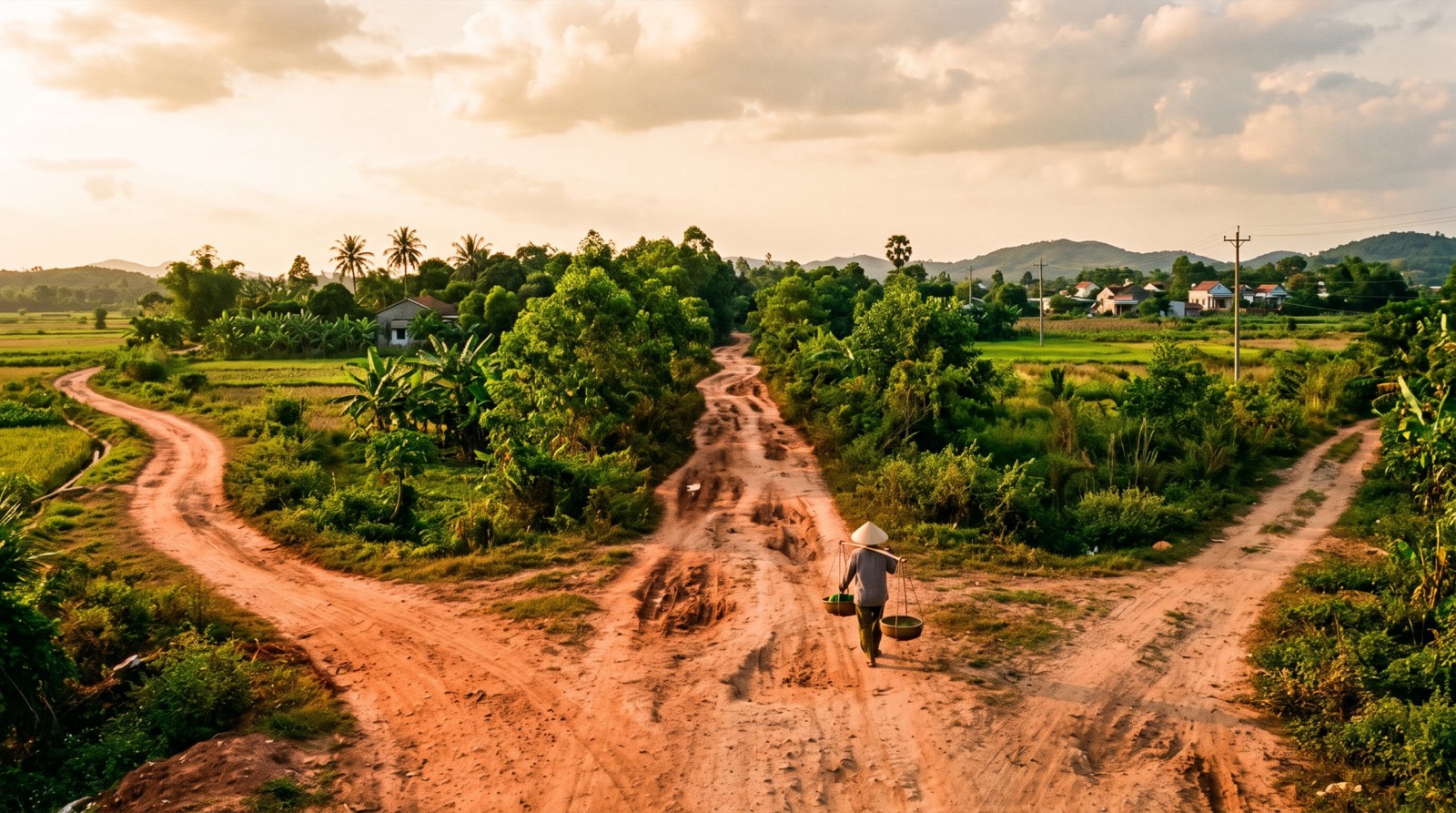 Ngã ba đường đất giữa đất trống, một lối mòn rõ hơn hai lối kia