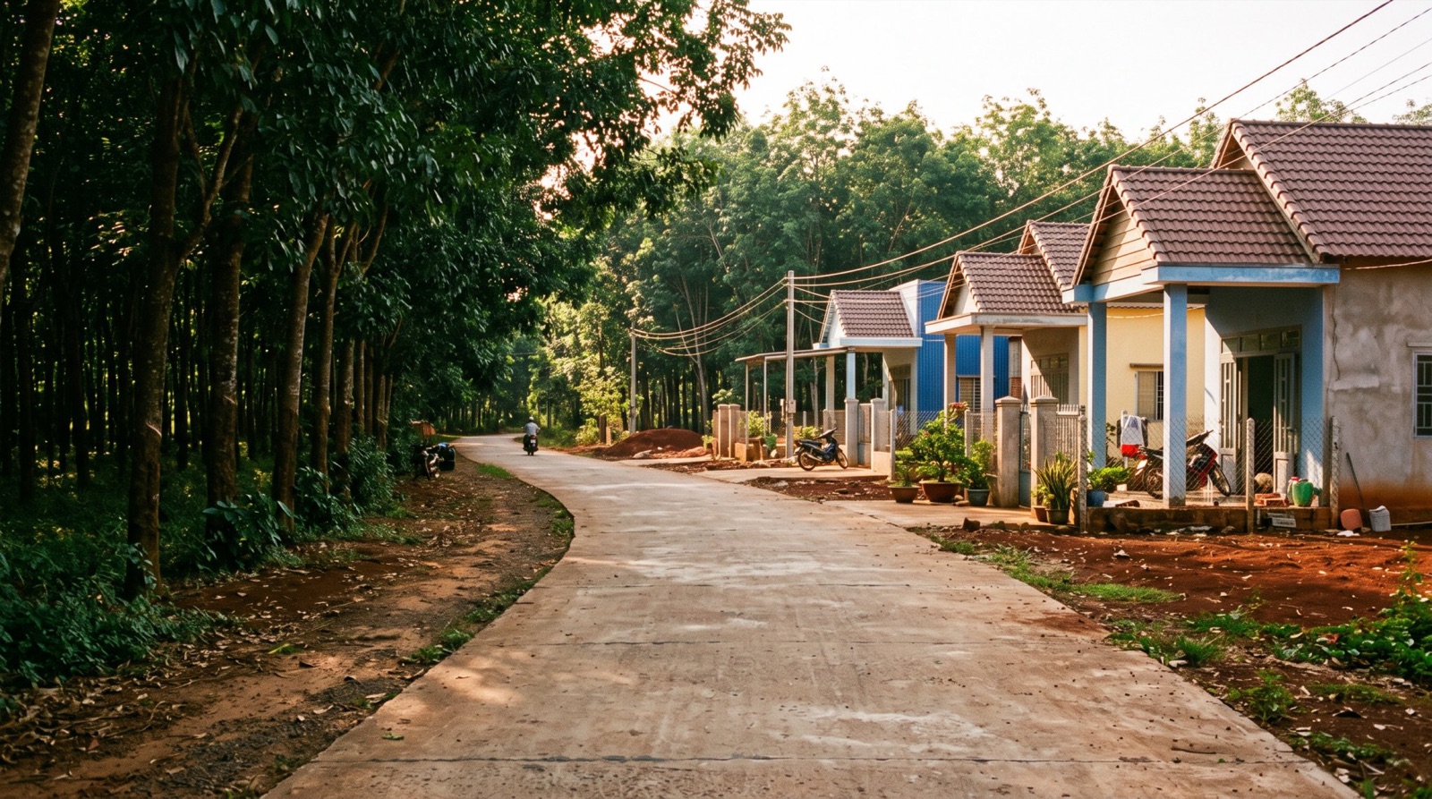 Đường bê tông qua vùng đất đỏ, một bên cao su một bên nhà mới xây
