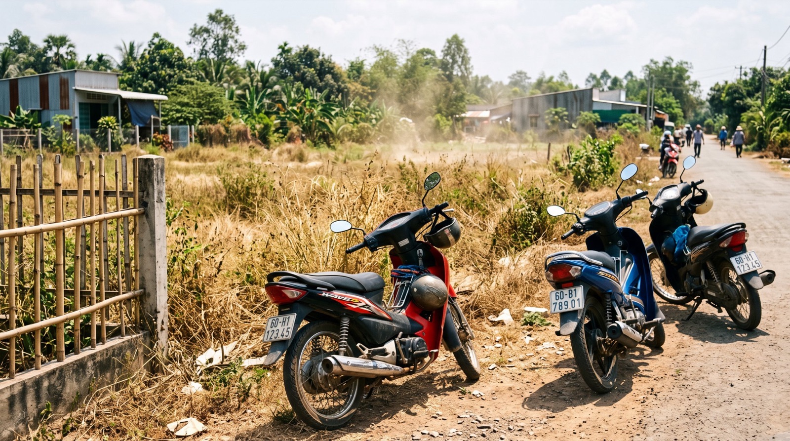 Xe máy đậu bên lô đất chưa bán được, cỏ dại mọc, nắng trưa hầm hập