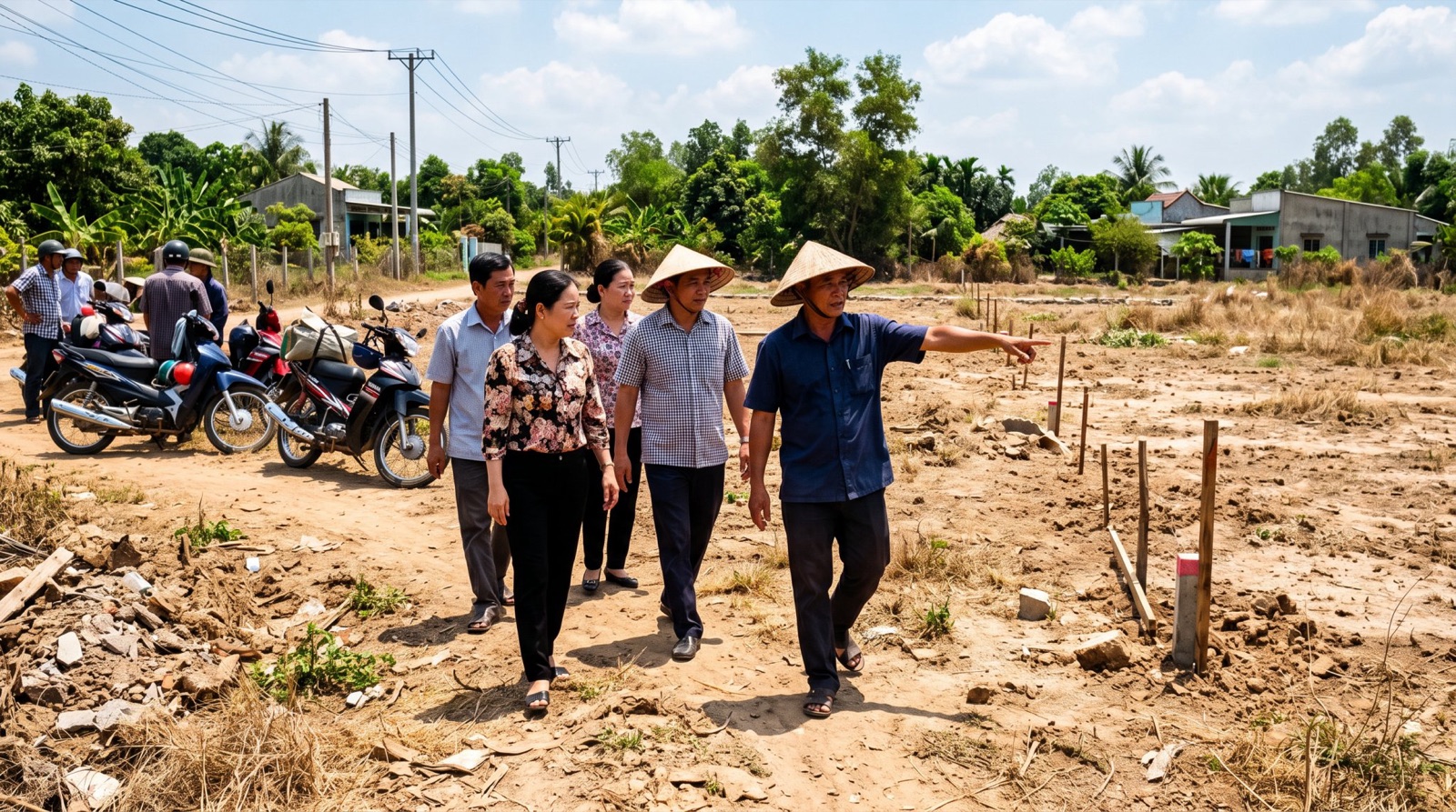 Nhóm người đi trên lô đất trống chỉ ranh giới, xe máy đậu phía sau