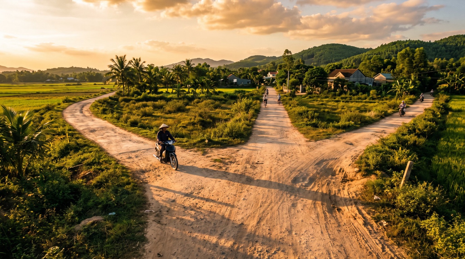 Đường đất chia ba ngả giữa đất trống lúc hoàng hôn, bóng đổ dài