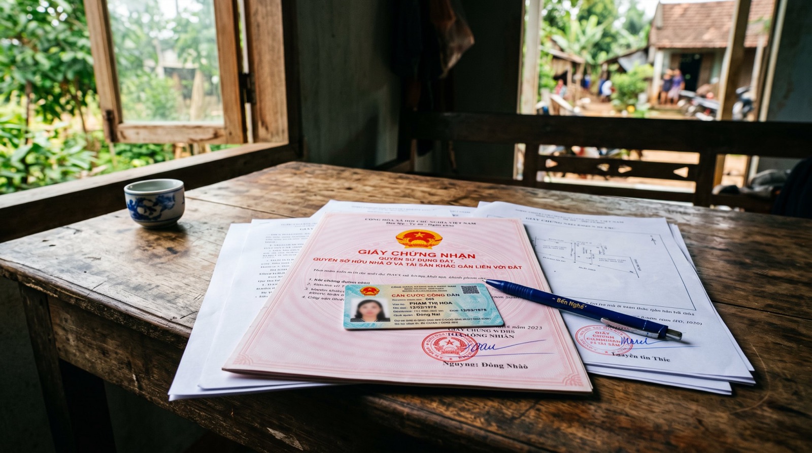Bộ hồ sơ mua đất, căn cước và cây bút xếp ngay ngắn trên bàn gỗ