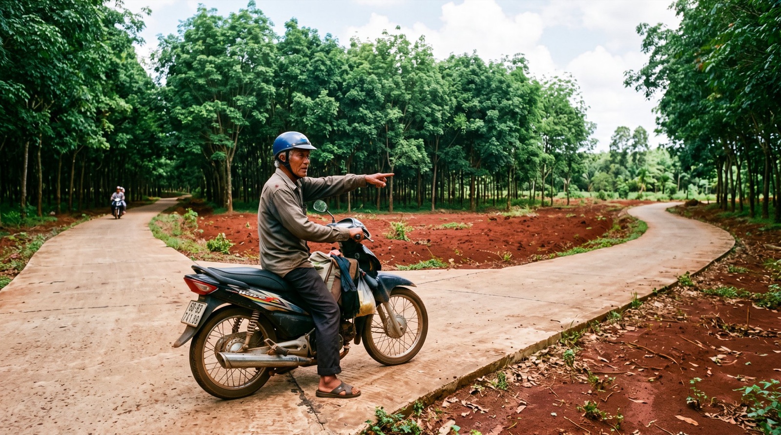 Ngã ba đường bê tông vùng đất đỏ, người đàn ông đi xe máy chỉ tay về phía lô đất
