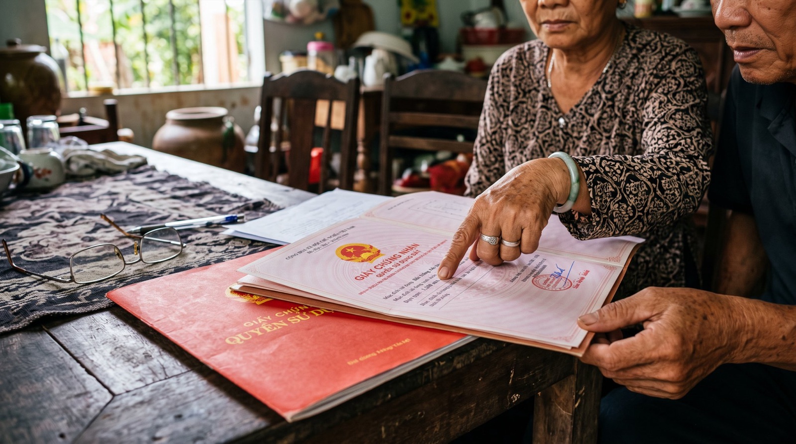 Giấy tờ đất và kính đọc trên bàn, bàn tay người khác chỉ vào một dòng trong sổ