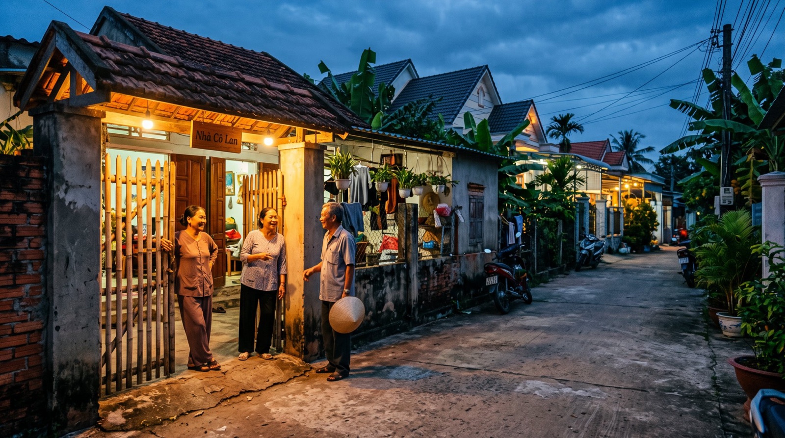Cụm dân cư lên đèn lúc chạng vạng, hàng xóm đứng nói chuyện ngoài cổng