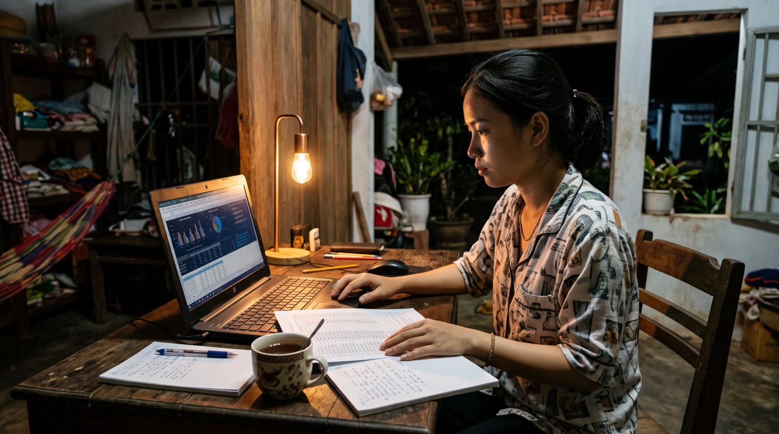 Bàn làm việc đêm, máy tính hiện biểu đồ, bảng tính in ra và ly trà