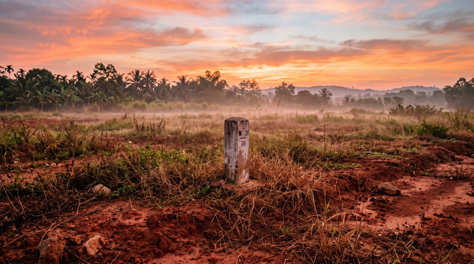 Lô đất đỏ lúc bình minh, sương mỏng trên cỏ khô, một cọc mốc đơn độc