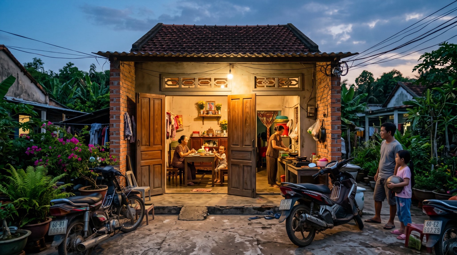 Nhà quê buổi tối đèn sáng, gia đình quây quần, xe máy để ngoài sân
