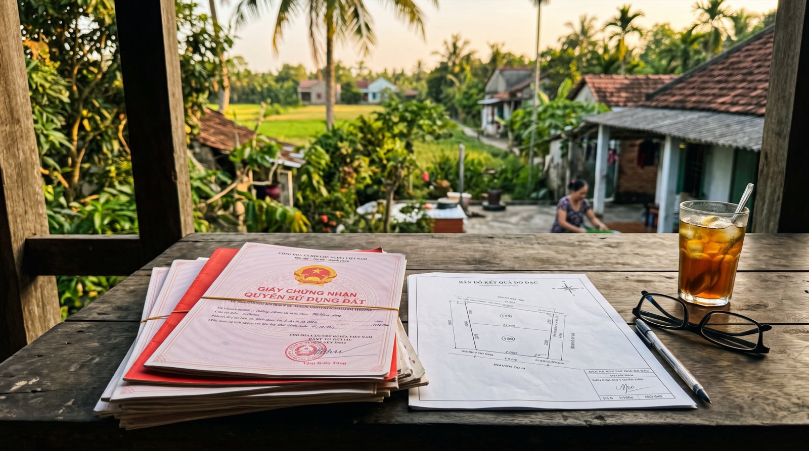 Chồng sổ đỏ và bản vẽ thửa đất trên bàn gỗ, kính đọc và ly trà đá