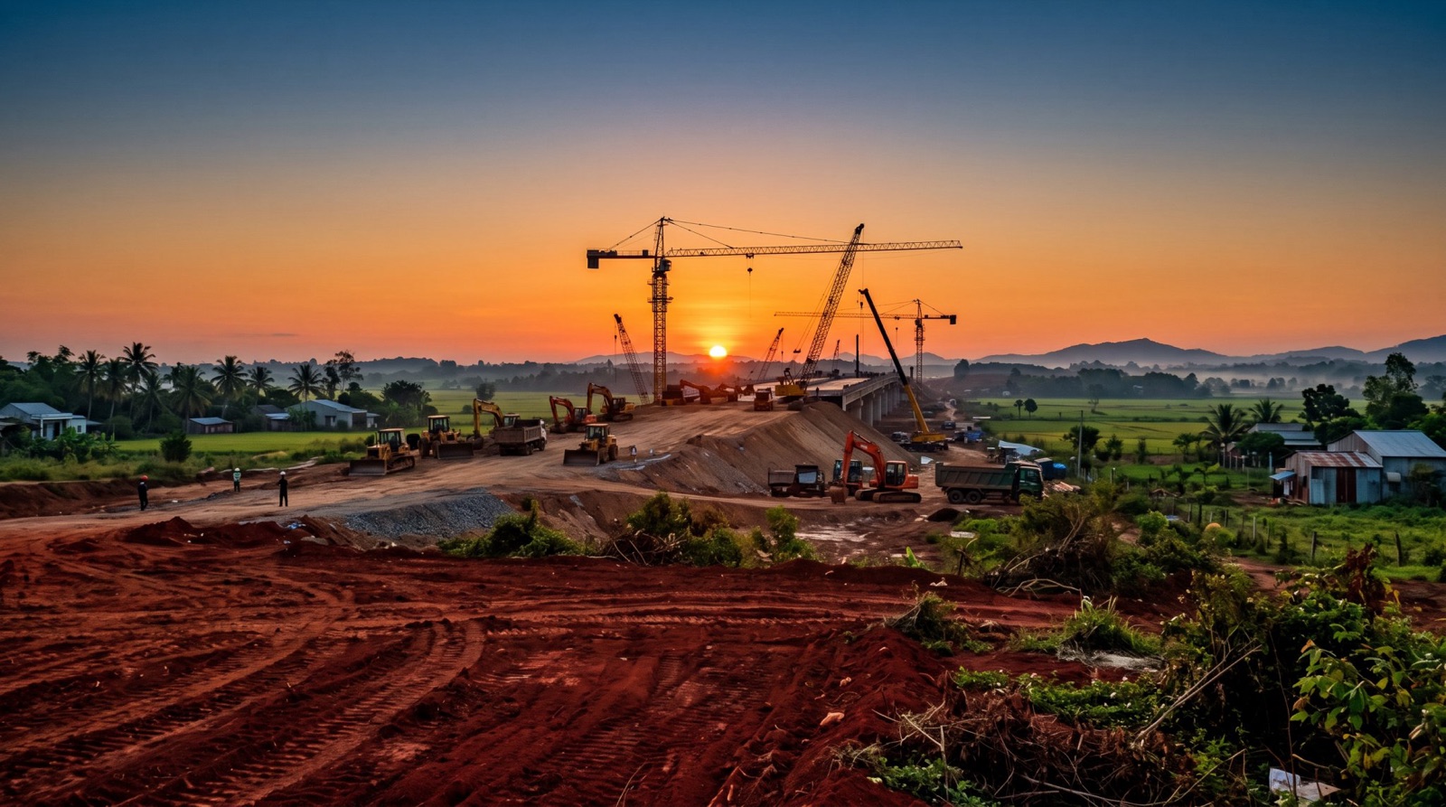 Công trường hạ tầng nhìn từ xa lúc bình minh, phía trước là đất trống