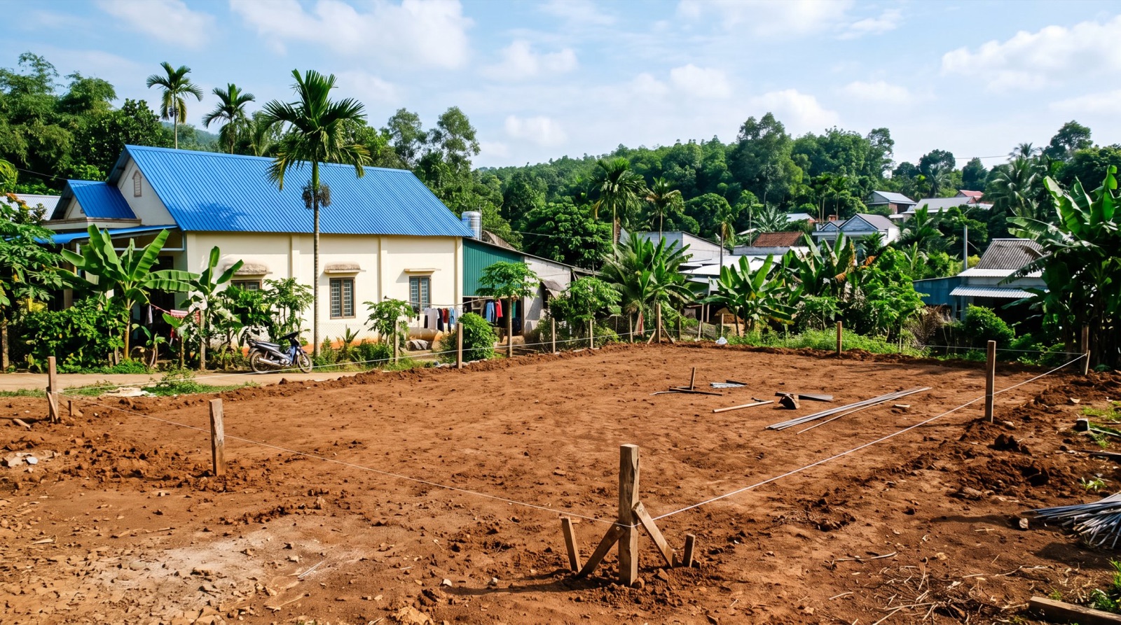 Lô đất mới san phẳng, căng dây cọc ranh, nhà hàng xóm mái tôn xanh bên cạnh