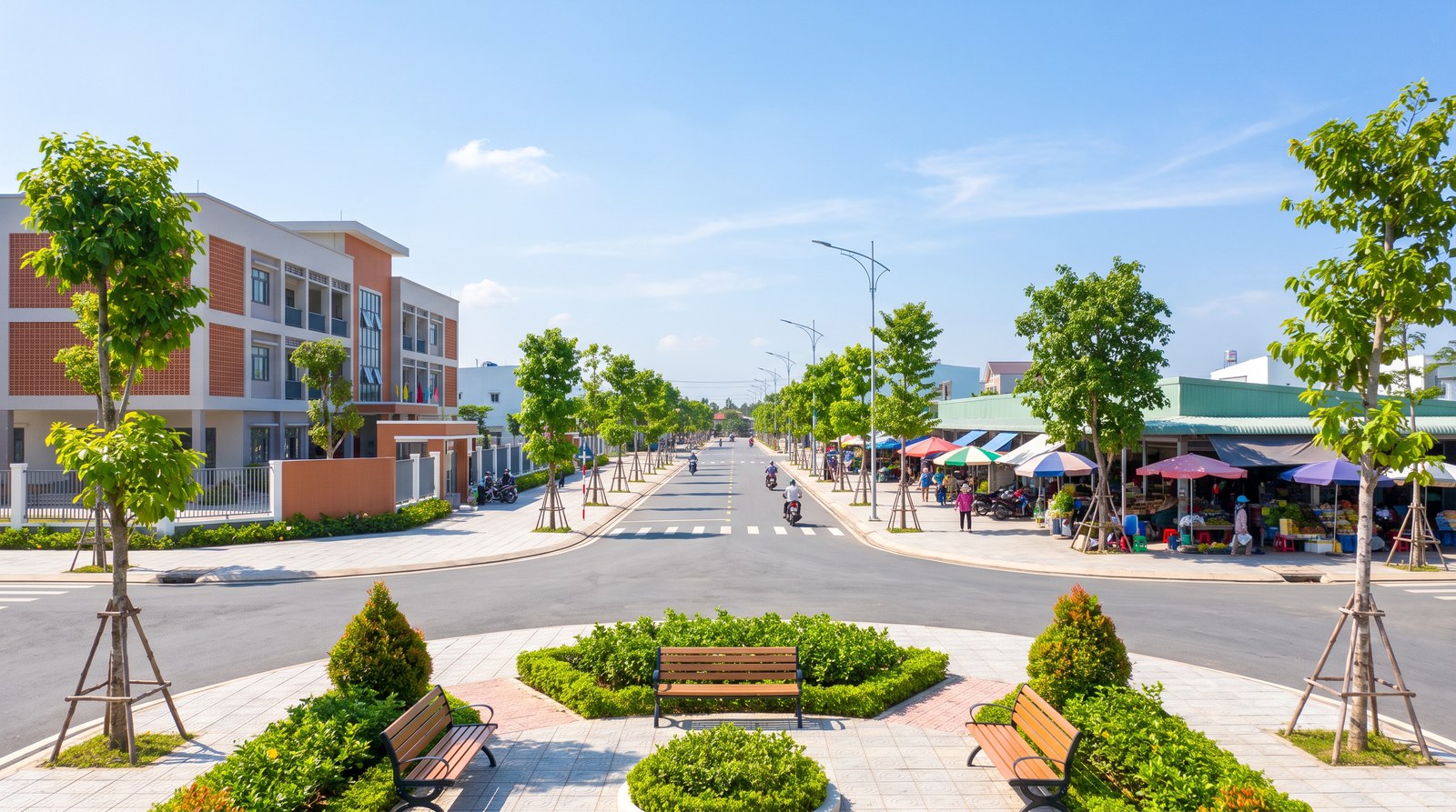 Hạ tầng đường nhựa, vỉa hè cây xanh và công trình trường học trong khu tái định cư Lộc An Bình Sơn