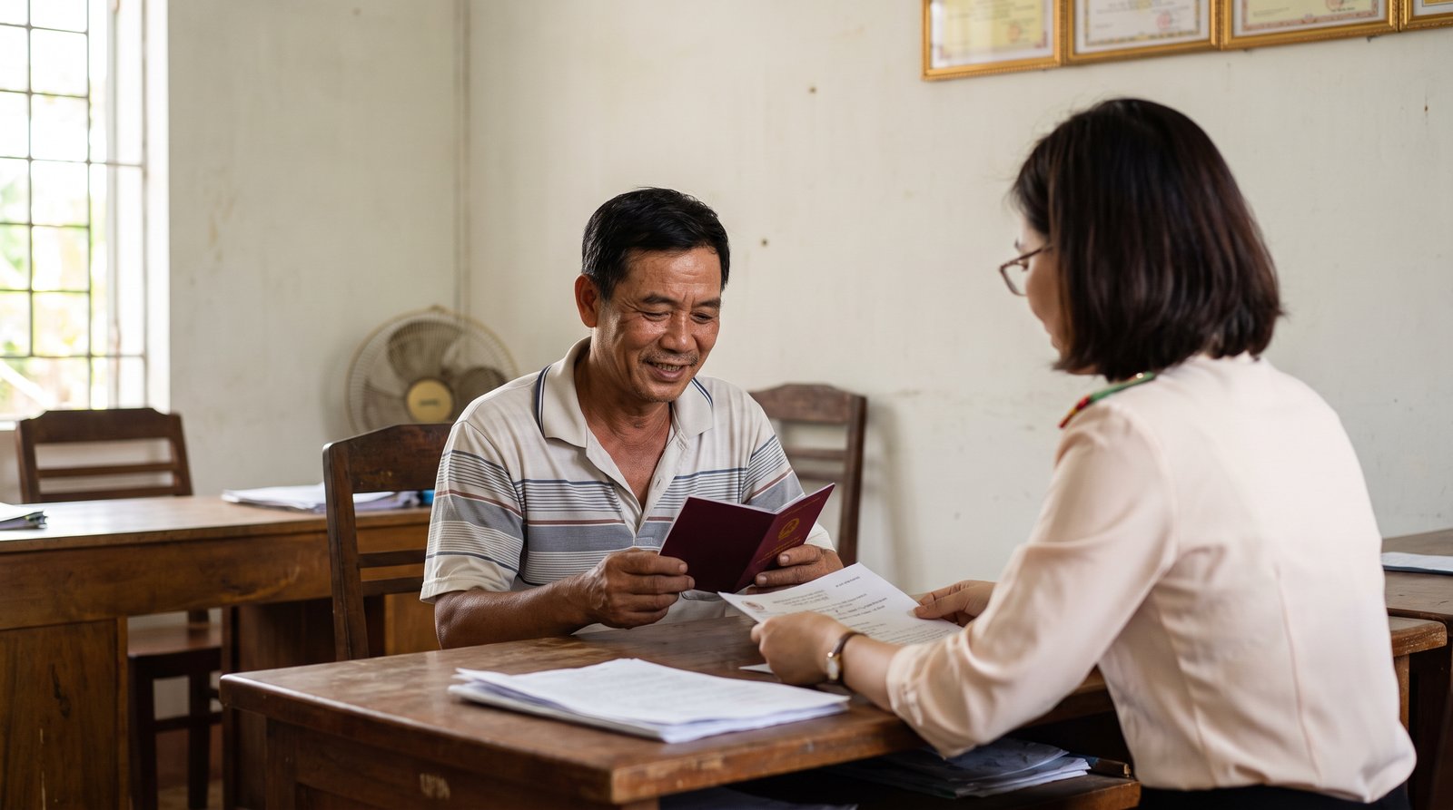 Người dân cầm giấy chứng nhận quyền sử dụng đất tại bàn làm việc UBND xã ở Long Thành