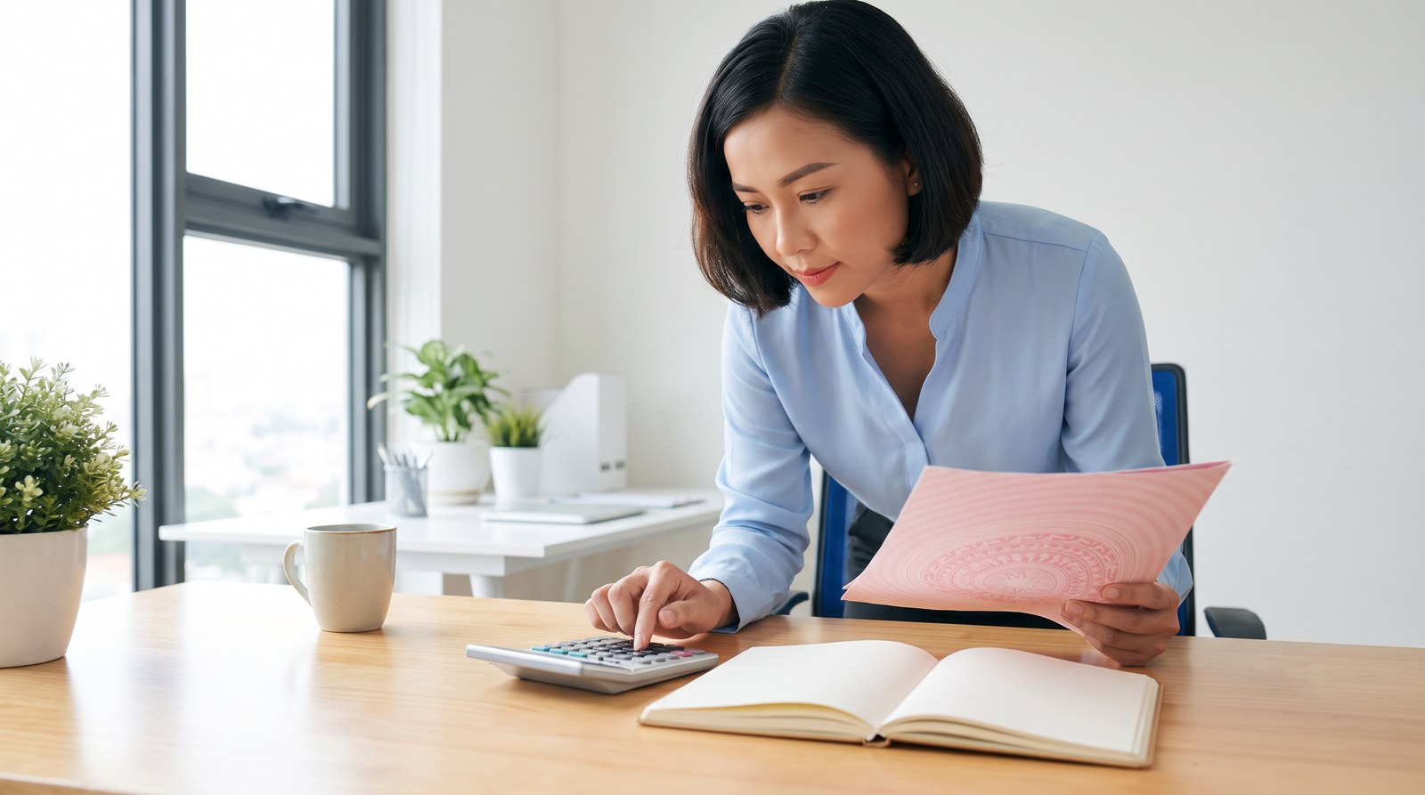 Người mua đối chiếu sổ đỏ và máy tính để chia đơn giá theo phần đất ở ONT ở Long Thành